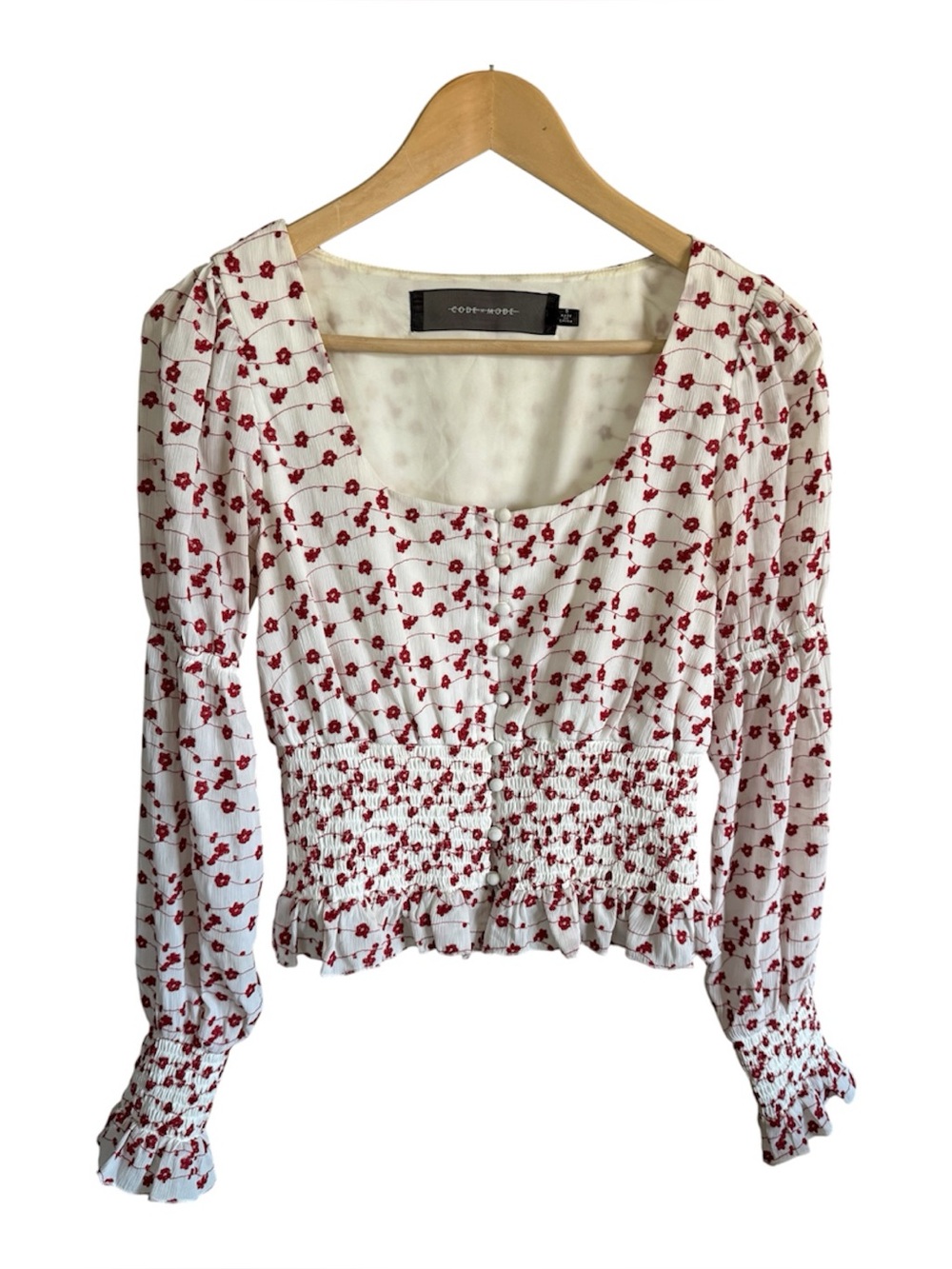 Code X Mode Women’s White Red Floral Smocked Long-Sleeve Cinched Waist Top Small